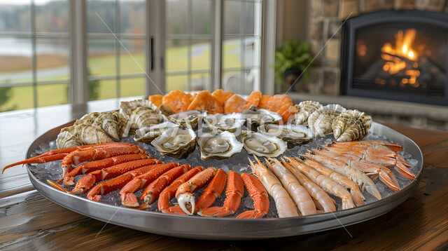 Seafood platter with most types of shrimp, oysters, etc., a meal with high nutritional value, the art of presentation in restaurants and kitchens of the Kingdom of Saudi Arabia, dishes of traditional popular Arab cuisine rich in proteins, delicious, healthy and tasty food recipes