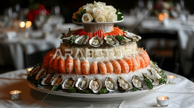 طبق المأكولات البحرية بأغلب انواعها من الروبيان والمحار وغيرها، وجبة ذات قيمة غذائية عالية ، فنون التقديم في مطاعم ومطابخ المملكة العربية السعودية، أطباق من المأكولات العربية التقليدية الشعبية الغنية بالبروتينات، وصفات طعام شهية صحية ولذيذة