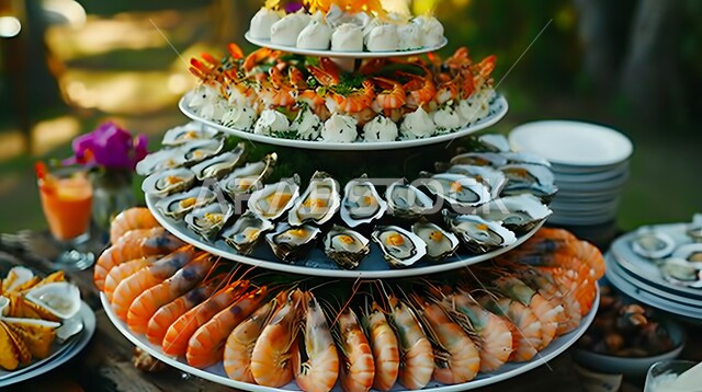 Seafood platter with most types of shrimp, oysters, etc., a meal with high nutritional value, the art of presentation in restaurants and kitchens of the Kingdom of Saudi Arabia, dishes of traditional popular Arab cuisine rich in proteins, delicious, healthy and tasty food recipes