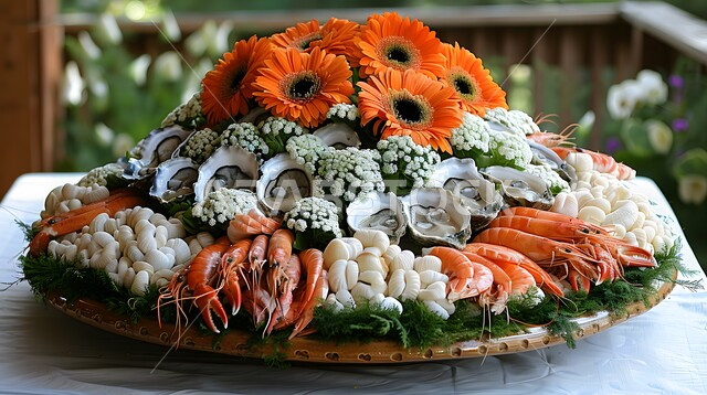 طبق المأكولات البحرية بأغلب انواعها من الروبيان والمحار وغيرها، وجبة ذات قيمة غذائية عالية ، فنون التقديم في مطاعم ومطابخ المملكة العربية السعودية، أطباق من المأكولات العربية التقليدية الشعبية الغنية بالبروتينات، وصفات طعام شهية صحية ولذيذة