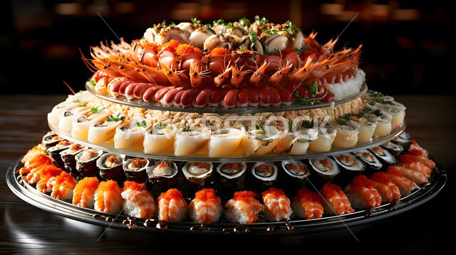 Seafood platter with most types of shrimp, oysters, etc., a meal with high nutritional value, the art of presentation in restaurants and kitchens of the Kingdom of Saudi Arabia, dishes of traditional popular Arab cuisine rich in proteins, delicious, healthy and tasty food recipes