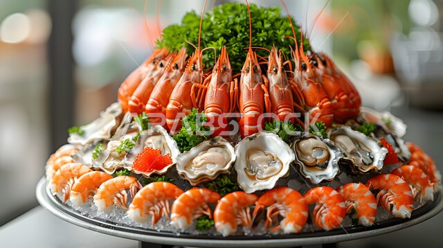 طبق المأكولات البحرية بأغلب انواعها من الروبيان والمحار وغيرها، وجبة ذات قيمة غذائية عالية ، فنون التقديم في مطاعم ومطابخ المملكة العربية السعودية، أطباق من المأكولات العربية التقليدية الشعبية الغنية بالبروتينات، وصفات طعام شهية صحية ولذيذة