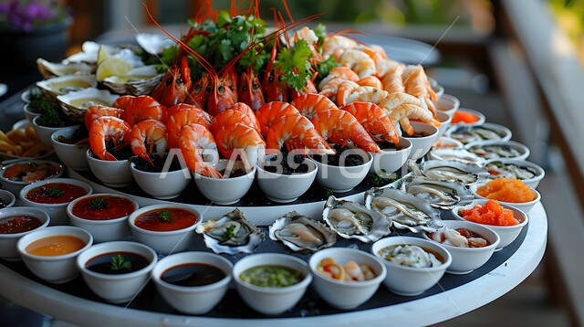 Seafood platter with most types of shrimp, oysters, etc., a meal with high nutritional value, the art of presentation in restaurants and kitchens of the Kingdom of Saudi Arabia, dishes of traditional popular Arab cuisine rich in proteins, delicious, healthy and tasty food recipes