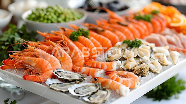 طبق المأكولات البحرية بأغلب انواعها من الروبيان والمحار وغيرها، وجبة ذات قيمة غذائية عالية ، فنون التقديم في مطاعم ومطابخ المملكة العربية السعودية، أطباق من المأكولات العربية التقليدية الشعبية الغنية بالبروتينات، وصفات طعام شهية صحية ولذيذة