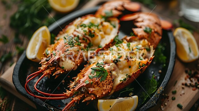 ذيول جراد البحر مع صلصة الزبدة بالليمون،  ذات قيمة غذائية عالية، فنون التقديم في مطاعم ومطابخ المملكة العربية السعودية، أطباق من المأكولات العربية التقليدية الشعبية، وصفات طعام شهية صحية ولذيذة