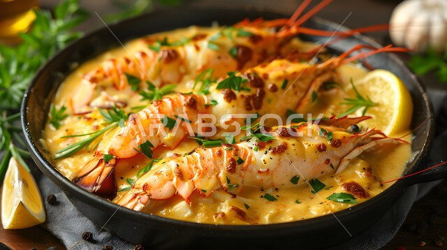 ذيول جراد البحر مع صلصة الزبدة بالليمون،  ذات قيمة غذائية عالية، فنون التقديم في مطاعم ومطابخ المملكة العربية السعودية، أطباق من المأكولات العربية التقليدية الشعبية، وصفات طعام شهية صحية ولذيذة