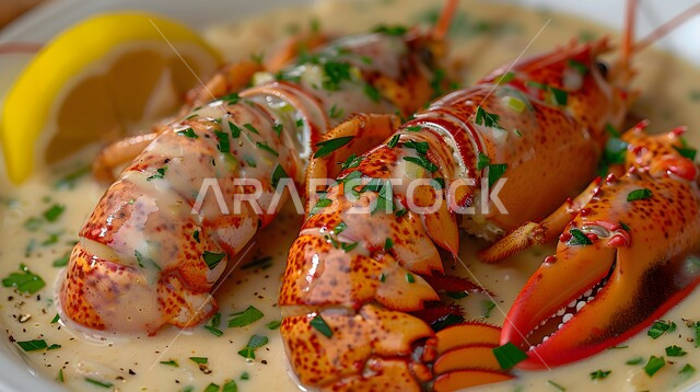 ذيول جراد البحر مع صلصة الزبدة بالليمون،  ذات قيمة غذائية عالية، فنون التقديم في مطاعم ومطابخ المملكة العربية السعودية، أطباق من المأكولات العربية التقليدية الشعبية، وصفات طعام شهية صحية ولذيذة