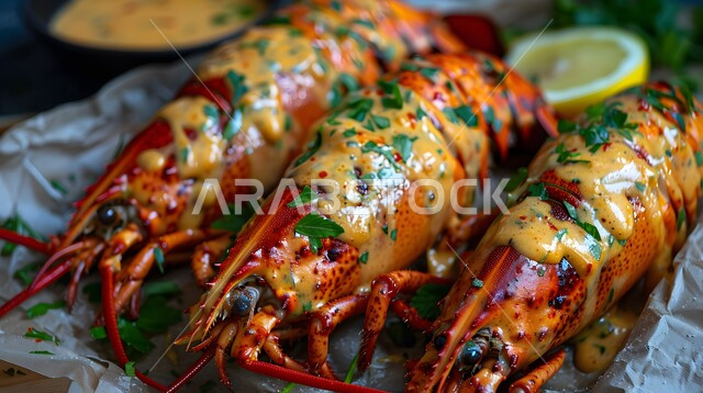 Lobster tails with lemon butter sauce, high nutritional value, presentation arts in restaurants and kitchens of the Kingdom of Saudi Arabia, dishes from traditional popular Arab cuisine, delicious, healthy and tasty food recipes