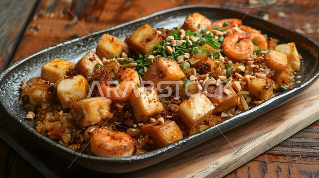 التوفو والروبيان المقلي مع الفول السوداني والبصل الأخضر، وجبة ذات قيمة غذائية عالية، فنون التقديم في مطاعم ومطابخ المملكة العربية السعودية، أطباق من المأكولات العربية التقليدية الشعبية، وصفات طعام شهية صحية ولذيذة