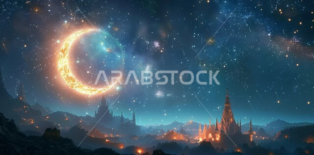 البهجة والاحتفال بقدوم شهر الخير، الأجواء الروحانية الهادئة، رسوم توضيحية ثلاثية الأبعاد لقبب ومآذن المساجد، منظر هلال رمضان المبارك المضيء ليلا في السماء، مفهوم العبادة والتقرب إلى الله تعالى، الأعياد و المناسبات الدينية الإسلامية