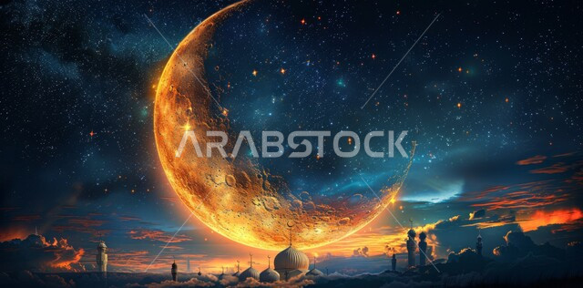 البهجة والاحتفال بقدوم شهر الخير، الأجواء الروحانية الهادئة، رسوم توضيحية ثلاثية الأبعاد لقبب ومآذن المساجد، منظر هلال رمضان المبارك المضيء ليلا في السماء، مفهوم العبادة والتقرب إلى الله تعالى، الأعياد و المناسبات الدينية الإسلامية