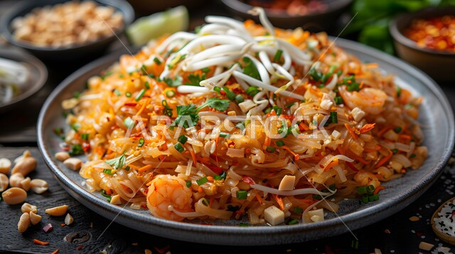  باد تاي لذيذ مع الجمبري وبراعم الفاصوليا، وجبة ذات قيمة غذائية عالية، فنون التقديم في مطاعم ومطابخ المملكة العربية السعودية، أطباق من المأكولات العربية التقليدية الشعبية، وصفات طعام شهية صحية ولذيذة