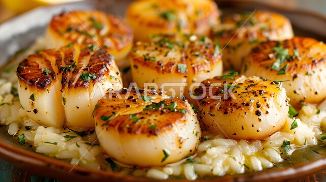 أكلة اسكالوب مشوي مع ريزوتو كريمي، وجبة ذات قيمة غذائية عالية، فنون التقديم في مطاعم ومطابخ المملكة العربية السعودية، أطباق من المأكولات العربية التقليدية الشعبية، وصفات طعام شهية صحية ولذيذة