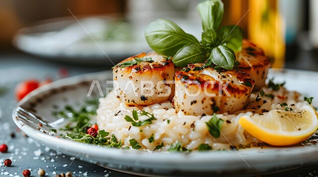 أكلة اسكالوب مشوي مع ريزوتو كريمي، وجبة ذات قيمة غذائية عالية، فنون التقديم في مطاعم ومطابخ المملكة العربية السعودية، أطباق من المأكولات العربية التقليدية الشعبية، وصفات طعام شهية صحية ولذيذة