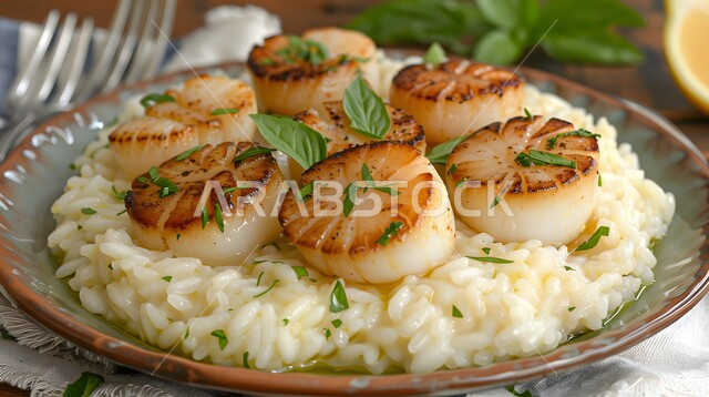 أكلة اسكالوب مشوي مع ريزوتو كريمي، وجبة ذات قيمة غذائية عالية، فنون التقديم في مطاعم ومطابخ المملكة العربية السعودية، أطباق من المأكولات العربية التقليدية الشعبية، وصفات طعام شهية صحية ولذيذة