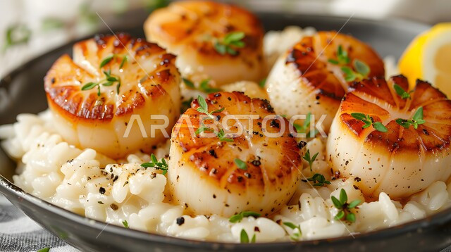 أكلة اسكالوب مشوي مع ريزوتو كريمي، وجبة ذات قيمة غذائية عالية، فنون التقديم في مطاعم ومطابخ المملكة العربية السعودية، أطباق من المأكولات العربية التقليدية الشعبية، وصفات طعام شهية صحية ولذيذة