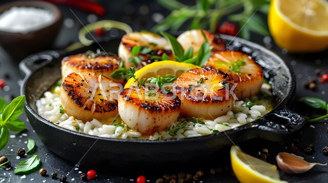 أكلة اسكالوب مشوي مع ريزوتو كريمي، وجبة ذات قيمة غذائية عالية، فنون التقديم في مطاعم ومطابخ المملكة العربية السعودية، أطباق من المأكولات العربية التقليدية الشعبية، وصفات طعام شهية صحية ولذيذة