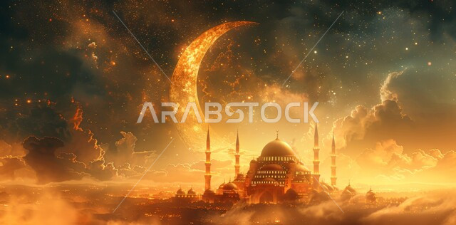 قبب ومآذن المساجد المضيئة ليلا، الاحتفال بقدوم شهر الخير، الأجواء الروحانية الهادئة، رسوم توضيحية ثلاثية الأبعاد لهلال رمضان المبارك باللون الذهبي، مفهوم العبادة والتقرب إلى الله تعالى، الأعياد و المناسبات الدينية الإسلامية
