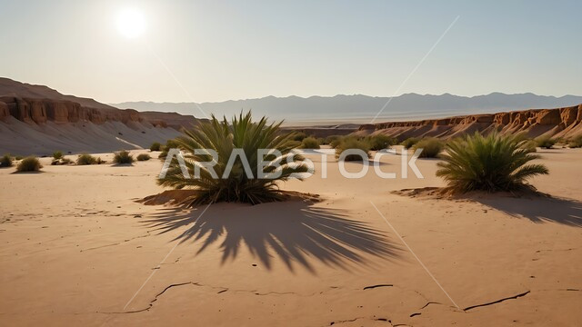 البيئة والتضاريس الجافة للصحاري الخليجية, الطبيعة الصحراوية في المملكة العربية السعودية, منظر الرمال الذهبية اللامعة في النهار, امتداد الصحراء العربية لمساحات واسعة, تشكل التلال والكثبان الرملية و الصخرية