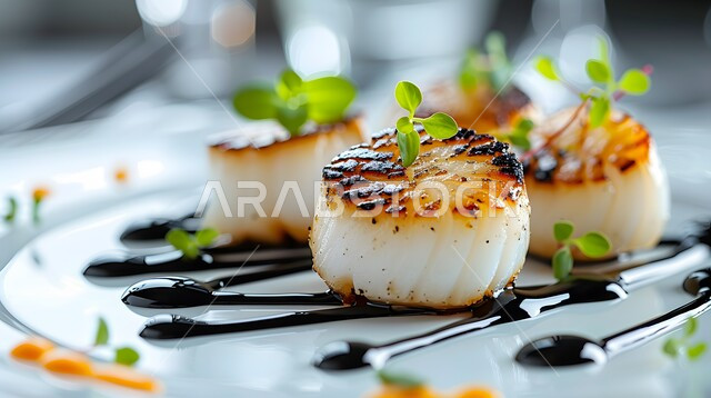 إسكالوب لذيذ مقلي في مقلاة مع صلصة بلسميك، وجبة ذات قيمة غذائية عالية، فنون التقديم في مطاعم ومطابخ المملكة العربية السعودية، أطباق من المأكولات العربية التقليدية الشعبية، وصفات طعام شهية صحية ولذيذة