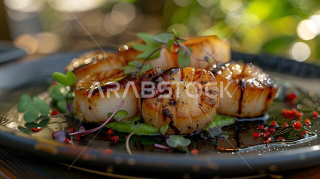 إسكالوب لذيذ مقلي في مقلاة مع صلصة بلسميك، وجبة ذات قيمة غذائية عالية، فنون التقديم في مطاعم ومطابخ المملكة العربية السعودية، أطباق من المأكولات العربية التقليدية الشعبية، وصفات طعام شهية صحية ولذيذة