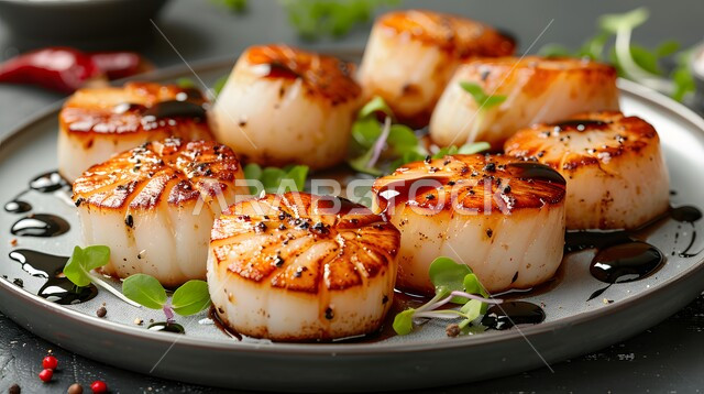 إسكالوب لذيذ مقلي في مقلاة مع صلصة بلسميك، وجبة ذات قيمة غذائية عالية، فنون التقديم في مطاعم ومطابخ المملكة العربية السعودية، أطباق من المأكولات العربية التقليدية الشعبية، وصفات طعام شهية صحية ولذيذة