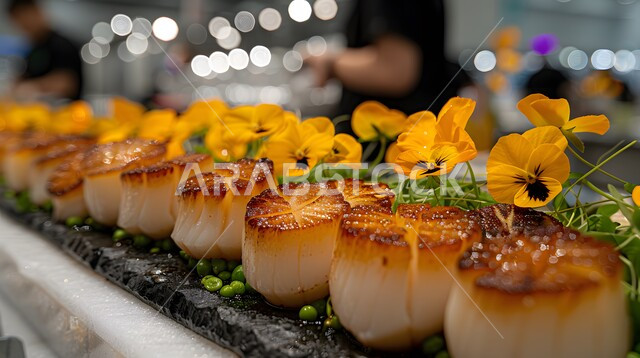 إسكالوب لذيذ مقلي في مقلاة مع صلصة بلسميك، وجبة ذات قيمة غذائية عالية، فنون التقديم في مطاعم ومطابخ المملكة العربية السعودية، أطباق من المأكولات العربية التقليدية الشعبية، وصفات طعام شهية صحية ولذيذة