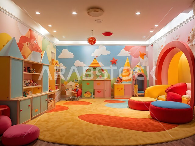 Wooden entertainment decorations and games, vibrant and refreshing colors, interior decoration for a playroom in a kindergarten in the Kingdom of Saudi Arabia, comfortable and lovable designs