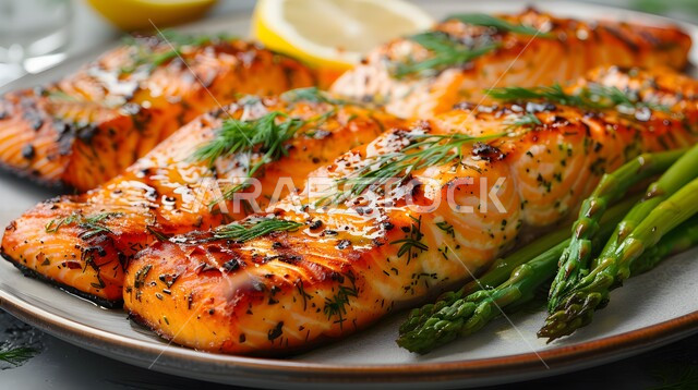 ستيك من سمك السلمون المشوي مع الليمون والشبت، طبق مأكولات بحرية مزين بطريقة فنية، وجبة ذات قيمة غذائية عالية، فنون التقديم في مطاعم ومطابخ المملكة العربية السعودية، أطباق من المأكولات العربية التقليدية الشعبية، وصفات طعام شهية صحية ولذيذة