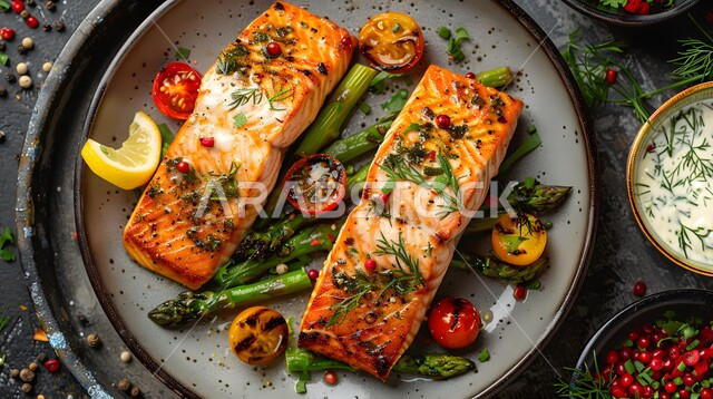 Grilled salmon steak with lemon and dill, an artistically decorated seafood dish, a meal with high nutritional value, the art of presentation in restaurants and kitchens in the Kingdom of Saudi Arabia, dishes from traditional popular Arab cuisine, delicious, healthy and tasty food recipes