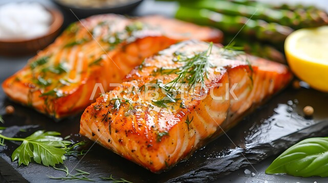 ستيك من سمك السلمون المشوي مع الليمون والشبت، طبق مأكولات بحرية مزين بطريقة فنية، وجبة ذات قيمة غذائية عالية، فنون التقديم في مطاعم ومطابخ المملكة العربية السعودية، أطباق من المأكولات العربية التقليدية الشعبية، وصفات طعام شهية صحية ولذيذة