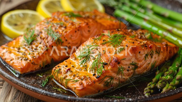 ستيك من سمك السلمون المشوي مع الليمون والشبت، طبق مأكولات بحرية مزين بطريقة فنية، وجبة ذات قيمة غذائية عالية، فنون التقديم في مطاعم ومطابخ المملكة العربية السعودية، أطباق من المأكولات العربية التقليدية الشعبية، وصفات طعام شهية صحية ولذيذة