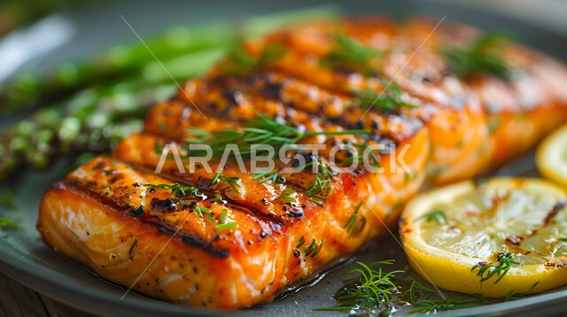 ستيك من سمك السلمون المشوي مع الليمون والشبت، طبق مأكولات بحرية مزين بطريقة فنية، وجبة ذات قيمة غذائية عالية، فنون التقديم في مطاعم ومطابخ المملكة العربية السعودية، أطباق من المأكولات العربية التقليدية الشعبية، وصفات طعام شهية صحية ولذيذة