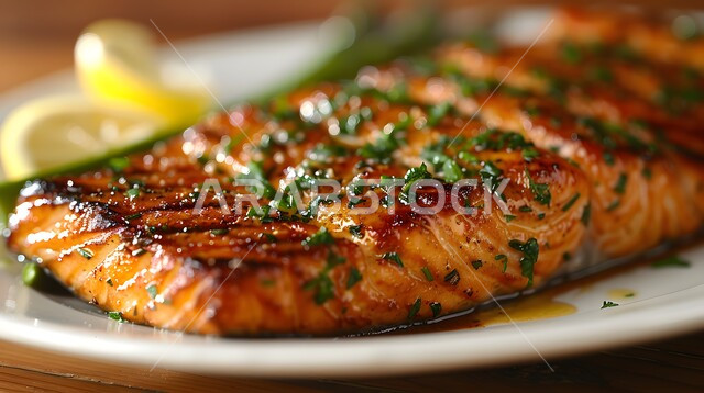 ستيك من سمك السلمون المشوي مع الليمون والشبت، طبق مأكولات بحرية مزين بطريقة فنية، وجبة ذات قيمة غذائية عالية، فنون التقديم في مطاعم ومطابخ المملكة العربية السعودية، أطباق من المأكولات العربية التقليدية الشعبية، وصفات طعام شهية صحية ولذيذة