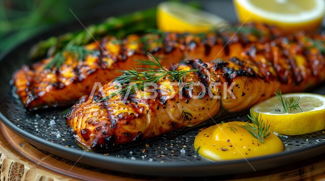 ستيك من سمك السلمون المشوي مع الليمون والشبت، طبق مأكولات بحرية مزين بطريقة فنية، وجبة ذات قيمة غذائية عالية، فنون التقديم في مطاعم ومطابخ المملكة العربية السعودية، أطباق من المأكولات العربية التقليدية الشعبية، وصفات طعام شهية صحية ولذيذة