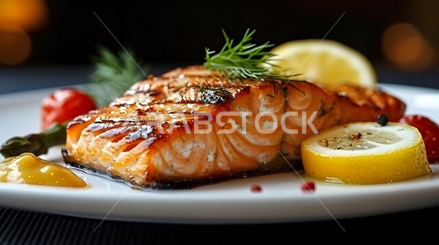 ستيك من سمك السلمون المشوي مع الليمون والشبت، طبق مأكولات بحرية مزين بطريقة فنية، وجبة ذات قيمة غذائية عالية، فنون التقديم في مطاعم ومطابخ المملكة العربية السعودية، أطباق من المأكولات العربية التقليدية الشعبية، وصفات طعام شهية صحية ولذيذة