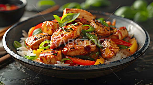 A plate of fried chicken with vegetables and rice, the art of serving food in restaurants in the Kingdom of Saudi Arabia, delicious popular meals and dishes, traditional food recipes, delicious oriental cuisine
