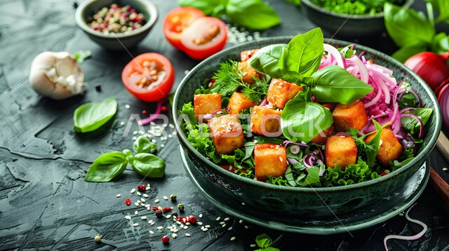 طبق سلطة التوفو اللذيذة مع البصل الأحمر والريحان, المأكولات الشرقية اللذيذة, فنون تقديم الطعام في مطاعم المملكة العربية السعودية, وجبات وأطباق شعبية شهية, وصفات الأطعمة التقليدية