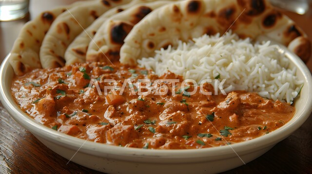 Chicken dish with naan bread and rice, delicious popular meals and dishes, traditional food recipes, delicious oriental cuisine, food presentation arts in restaurants in the Kingdom of Saudi Arabia