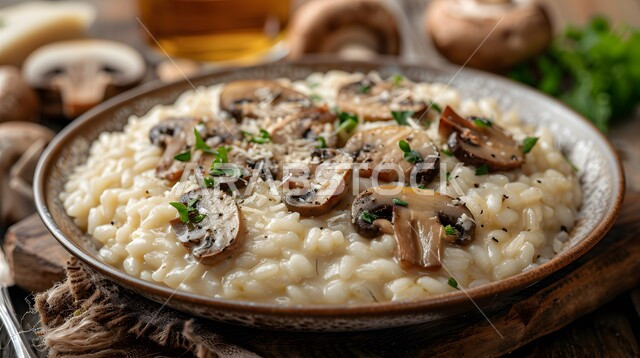 فنون تقديم الطعام في مطاعم المملكة العربية السعودية، وجبات وأطباق شعبية شهية، وصفات الأطعمة التقليدية، المأكولات الشرقية اللذيذة, طبق ريزوتو الفطر مع الجبن والبقدونس