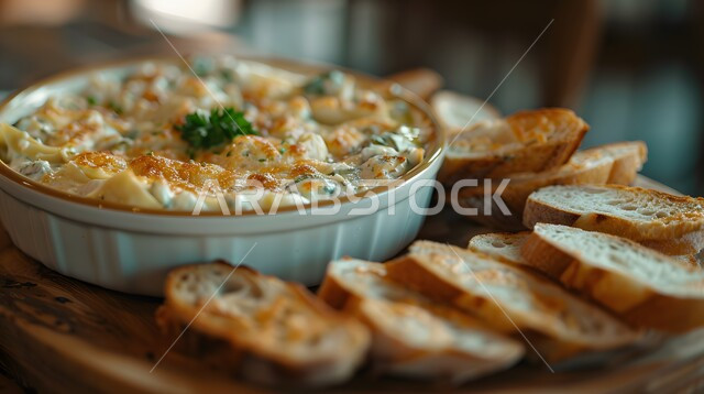 فنون تقديم الطعام في مطاعم المملكة العربية السعودية، وجبات وأطباق شعبية شهية، وصفات الأطعمة التقليدية، المأكولات الشرقية اللذيذة, طبق صلصة الخرشوف والسبانخ مع الخبز المقرمش