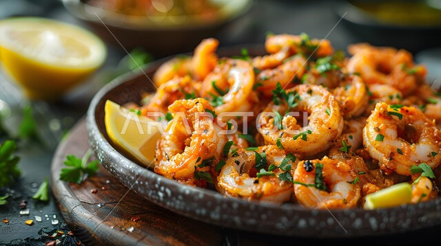 فنون تقديم الطعام في مطاعم المملكة العربية السعودية، وجبات وأطباق شعبية شهية، وصفات الأطعمة التقليدية، المأكولات الشرقية اللذيذة, طبق من الروبيان المشوي الحار مع الليمون والبقدونس