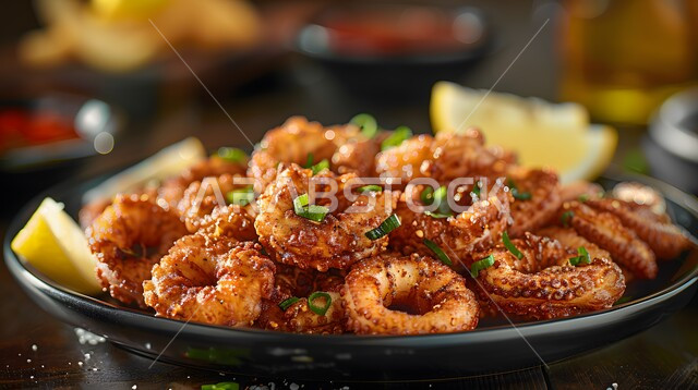 فنون تقديم الطعام في مطاعم المملكة العربية السعودية، وجبات وأطباق شعبية شهية، وصفات الأطعمة التقليدية، المأكولات الشرقية اللذيذة, طبق من الحبار المقلي مع الليمون والبصل الأخضر