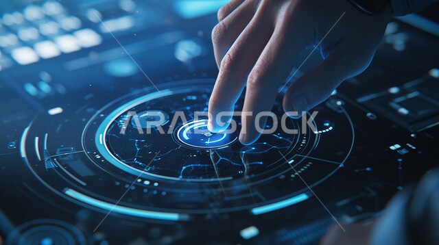 النمو والتقدم التكنولوجي، تحسين كفاءة العمل وخفض تكلفة الشركة، استخدام التقنيات الالكترونية الحديثه، صورة مقربة ليد شخص يقوم بلمس أيقونات التكلفة والجودة الافتراضية، شاشات الكترونية مضيئة، مفهوم تنمية الاعمال والاقتصاد، عناصر ورموز هولوجرامية ثلاثية الابعاد