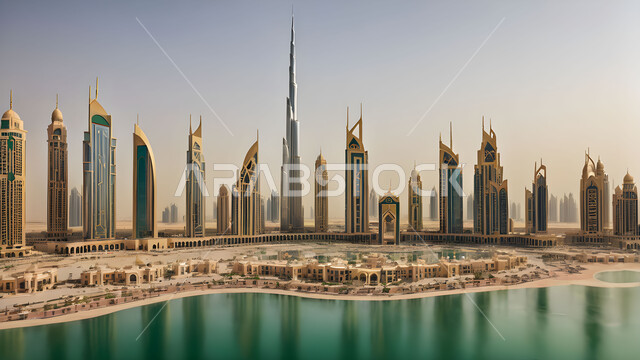 The concept of development and urban progress, the art of modern architecture, towers and skyscrapers overlooking the sea in the city of Dubai, an imaginary future view of the city of Dubai, a picture of buildings and hotels in the Emirates