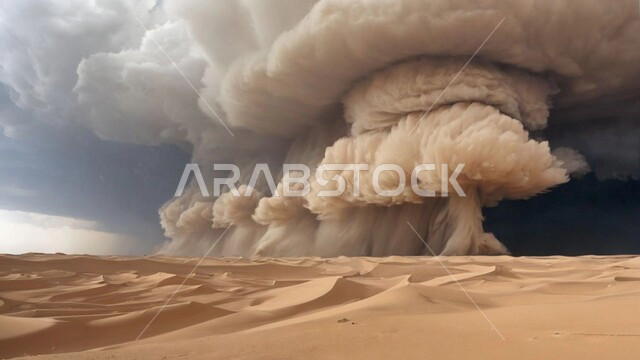 عاصفة من الرياح تضرب الصحراء, زوبعة من الرمال المتطايرة في الهواء, الطبيعة الرملية والجبلية للمملكة, الجو العاصف الهائج المحمل بالغبار والأتربة في صحاري في السعودية