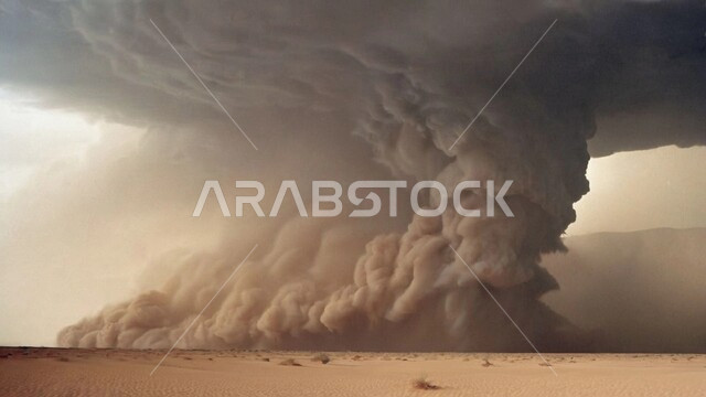 عاصفة من الرياح تضرب الصحراء, زوبعة من الرمال المتطايرة في الهواء, الطبيعة الرملية والجبلية للمملكة, الجو العاصف الهائج المحمل بالغبار والأتربة في صحاري في السعودية