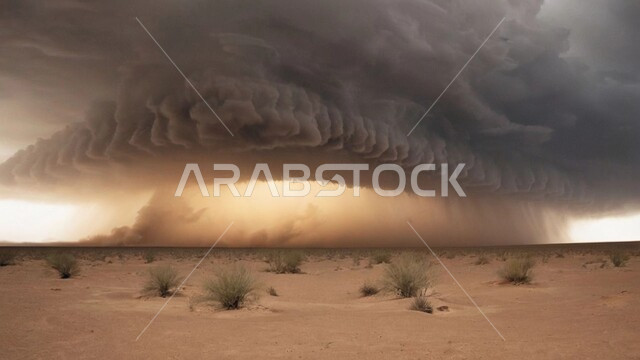 عاصفة من الرياح تضرب الصحراء, زوبعة من الرمال المتطايرة في الهواء, الطبيعة الرملية والجبلية للمملكة, الجو العاصف الهائج المحمل بالغبار والأتربة في صحاري في السعودية