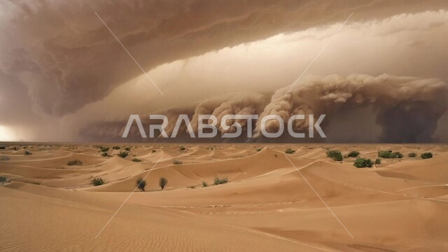 عاصفة من الرياح تضرب الصحراء, زوبعة من الرمال المتطايرة في الهواء, الطبيعة الرملية والجبلية للمملكة, الجو العاصف الهائج المحمل بالغبار والأتربة في صحاري في السعودية