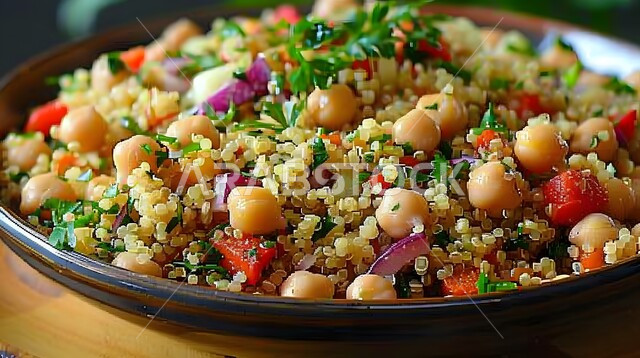 أطباق المقبلات العربية والمأكولات الشرقية،  تقديم وجبات طعام صحية ومفيدة في المطاعم السعودية، أطعمة غنية بالفيتامينات، حمية غذائية للمحافظة على اللياقة البدنية،  تبولة الكينوا المليئة بالخضراوات الطازجة والحمص